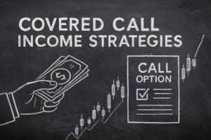 Chalkboard illustration showing covered call income strategies with stock certificates, option contracts, and income symbols