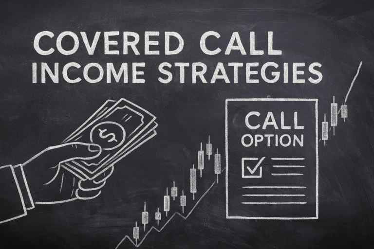 Chalkboard illustration showing covered call income strategies with stock certificates, option contracts, and income symbols